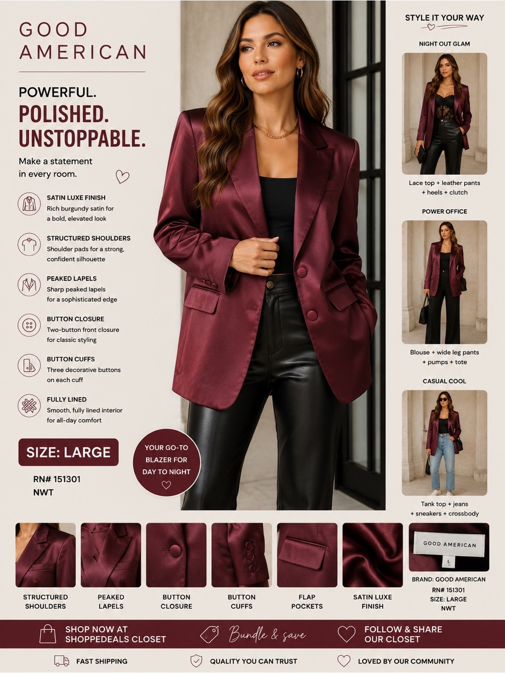 GOOD AMERICAN NWT Satin Oversized Blazer | Burgundy | Size Large